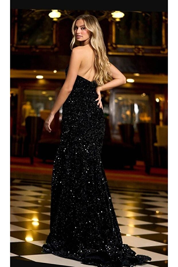 Kadife Pullu Elbise Siyah 583150 - 3