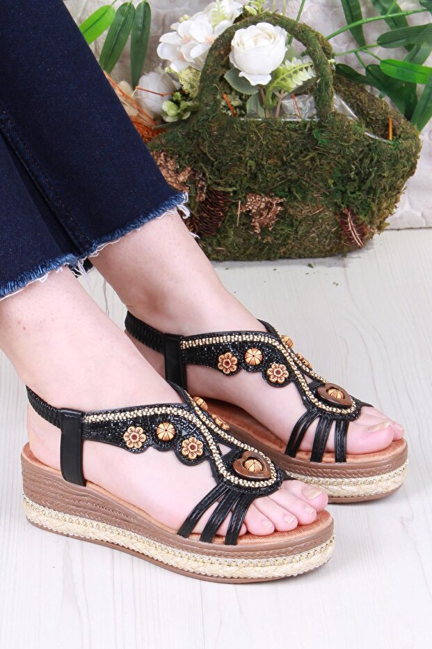Mystery Anatomical Comfortable Sole Stone Beaded Elastic Women's Sandals