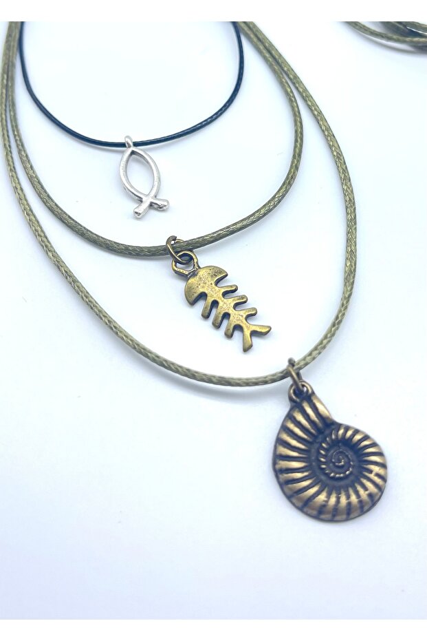 Minimal Bohem Tarz Suni Deri Balık Kılçık Salyangoz Figürlü Erkek İp Kolye Seti ( 3 Adet) - 1