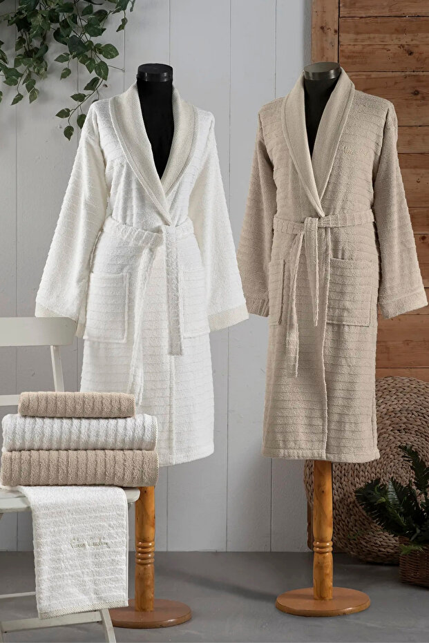 Dowry Patterned 100% Cotton 6-Piece Bathrobe Towel Set 2 Bathrobes 2 Face Towels & 2 Bath Towels