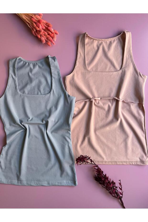 Square Collar, 2-Pack Powder and Light Blue | Women's Athlete-Body-Blouse with Lining over the Chest, Thin, Lightweight