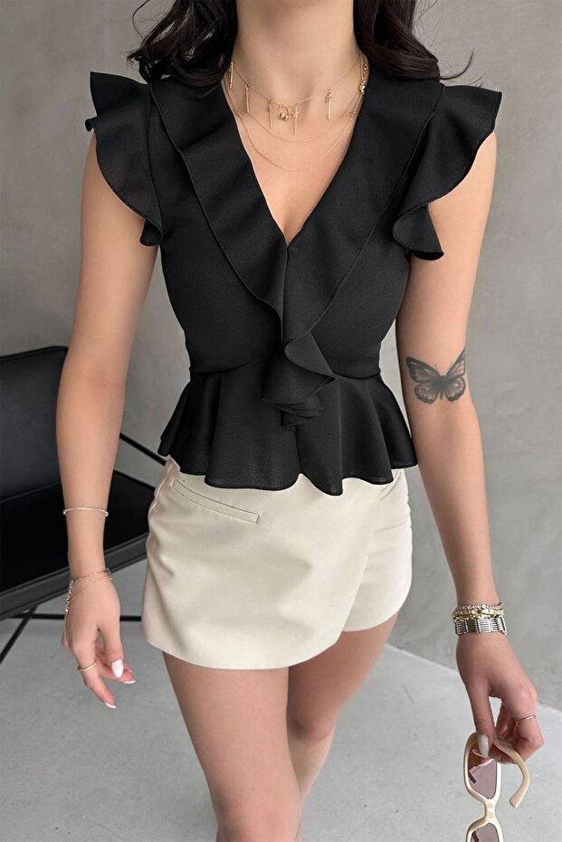 Women's Summer Black Blouse Flounce Crepe Fabric