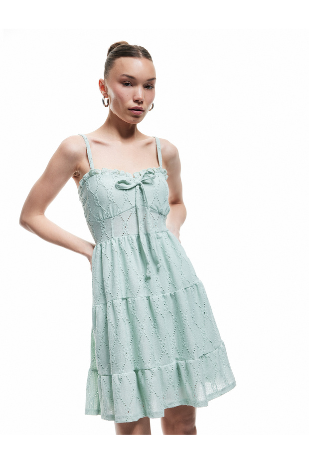 Lacing Detailed Sleeveless Rope Strap A-Line Openwork Mini Dress