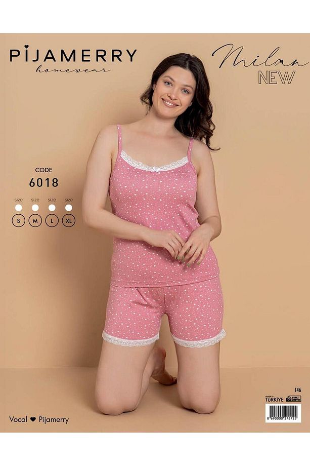Pijamerry Kadın İp Askılı MİLAN Kumaş Likralı Şortlu Pijama Takımı 6018 - 1 Adet - 2