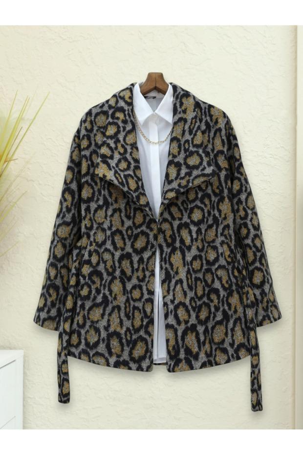 Leopard Pattern Lined Waist Tie Stitched Jacket - Gray - 1