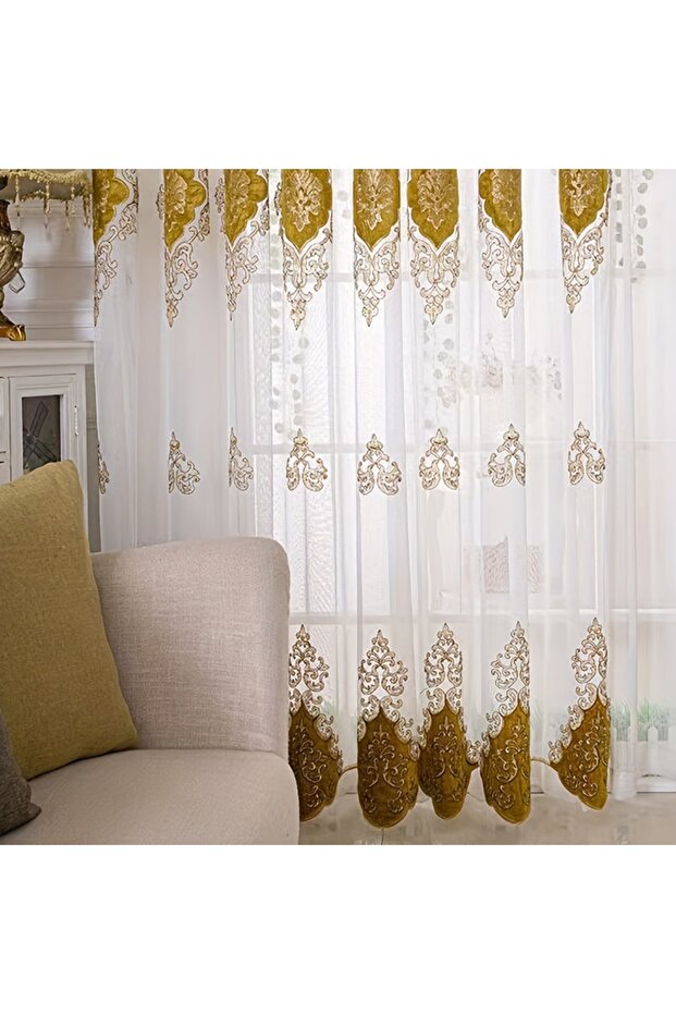 Pull Pleated Tape W100cmXH200cm 1pc yellow 1pc Boho Embroidered Gauze Curtain - Sun Protection and B
