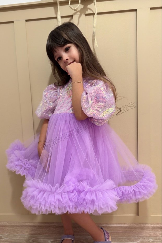 Lilac Sequin Detailed Hemline Ruffled Girl's Baby Girl's Evening Dress