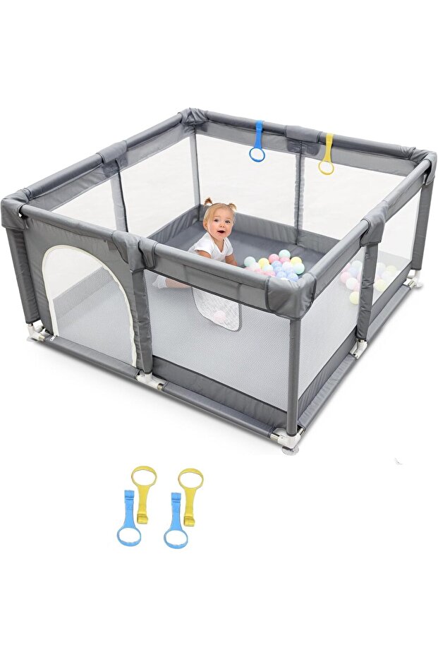 SKY-TOUCH Baby Playpen | Portable Playard for Babies | Sturdy Anti-Fall Baby Playpen Activity Center | Breathable Mesh | 4 Pull-Up Ring|Install Accessories | 180 x 150 cm,Gray,Indoor&Outdoor
