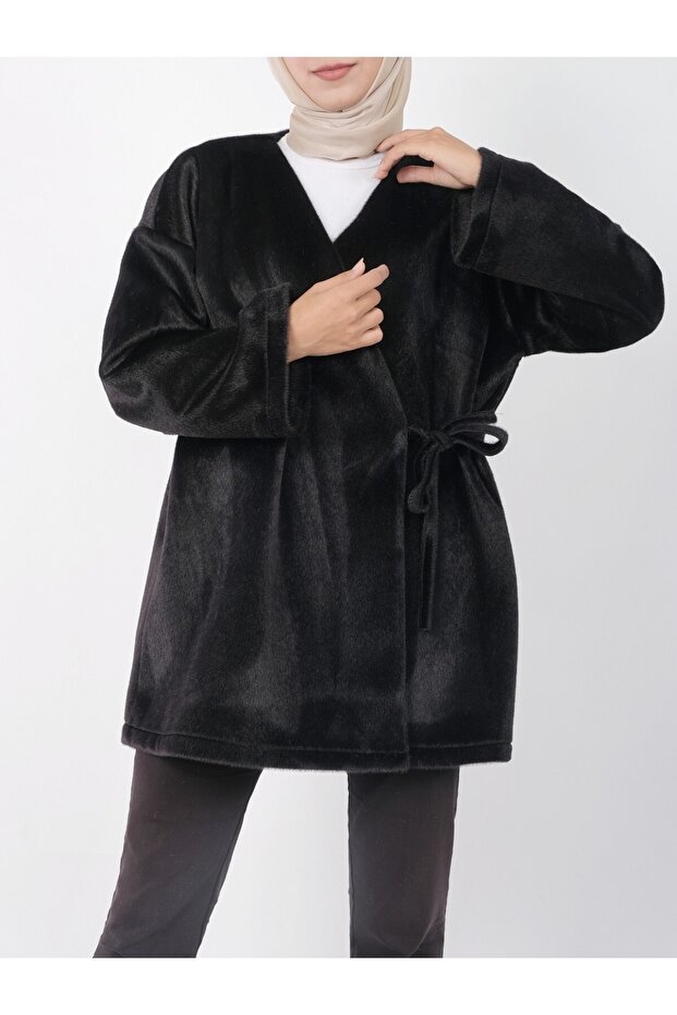 Side Tie Fur Jacket -Black - 1