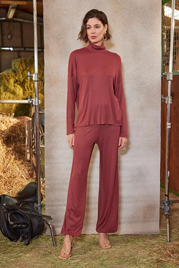 Turtleneck Stripe Patterned Bottom Top Set - 4