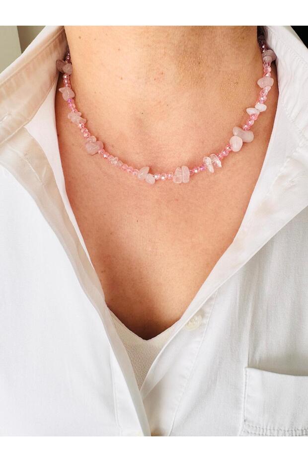 Pink Quartz Natural Stone Summer Necklace 43 cm
