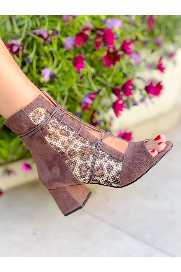 Smile Brown Suede Leopard Mesh Detail 5 cm Heel Summer Boots Sandals