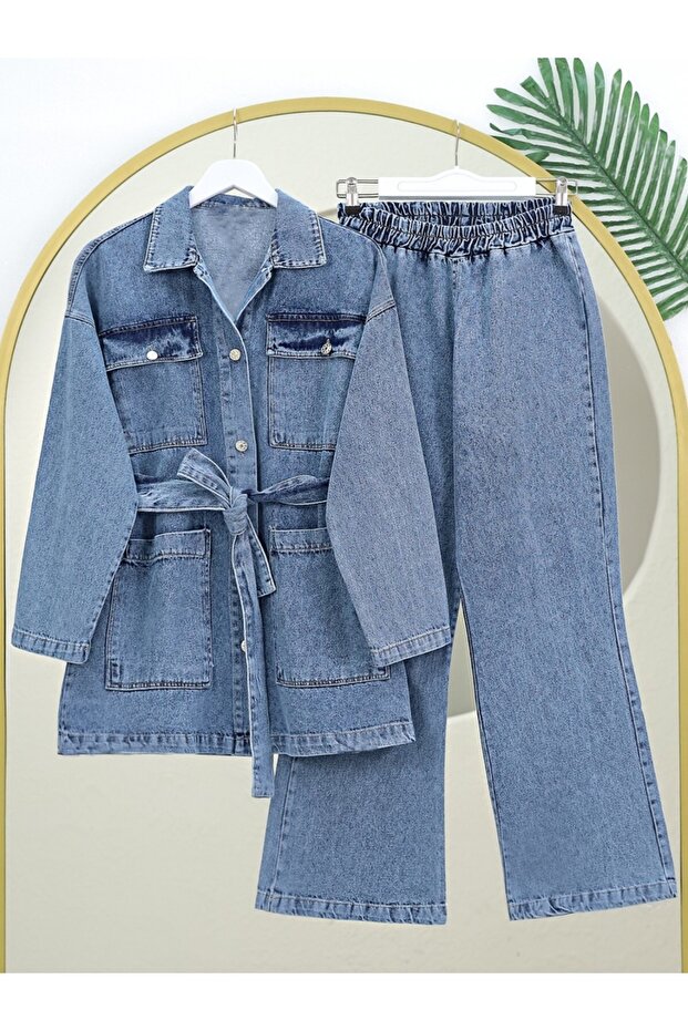 Denim Suit with Lace-Up Waist and Pocket Pocket