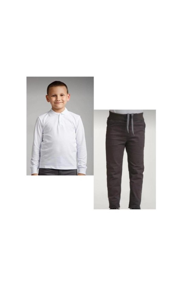 Girl-Boy Children's Smoked Ribbed Waist Canvas Pants White Long Sleeve Polo Collar 100% Cotton Lakos