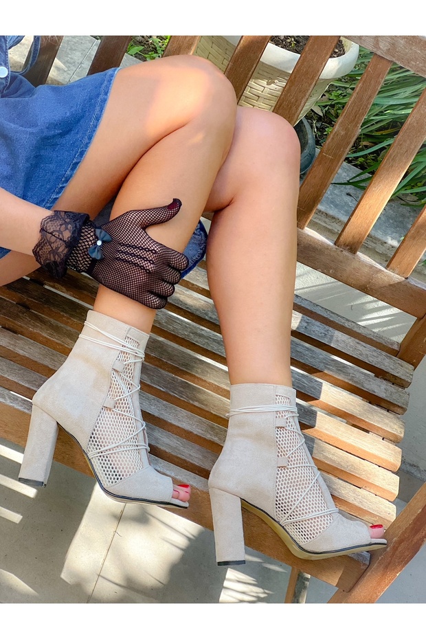 Happy Beige Calf Suede Mesh Detail 10 cm Heel Summer Boots Sandals