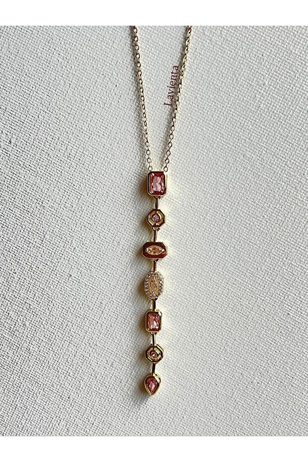 Silver & Gold Pink Zircon Stone Steel Y Necklace