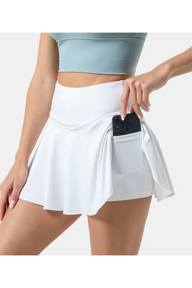 Women's Black Stretchy Flared Pleated Shorts Tenisci Skirt