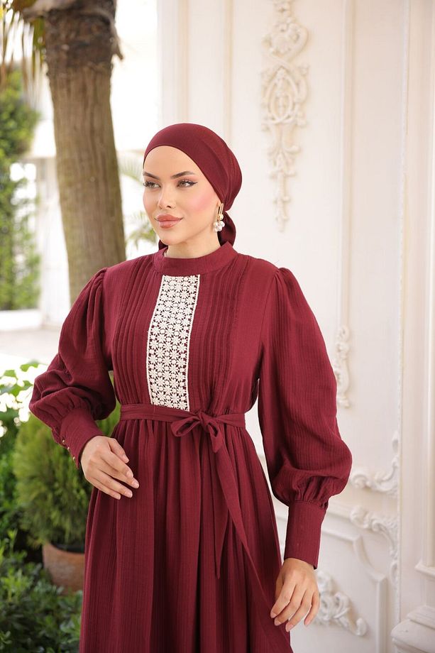 Ankanoor Dantel ve Nervürlü Müslin Elbise Anka255087 - 3