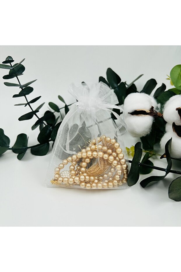 10 Gold Gift Tulle Pouch Pearl Prayer Beads (Mevli̇d-Hac-Umre-Sünnet)