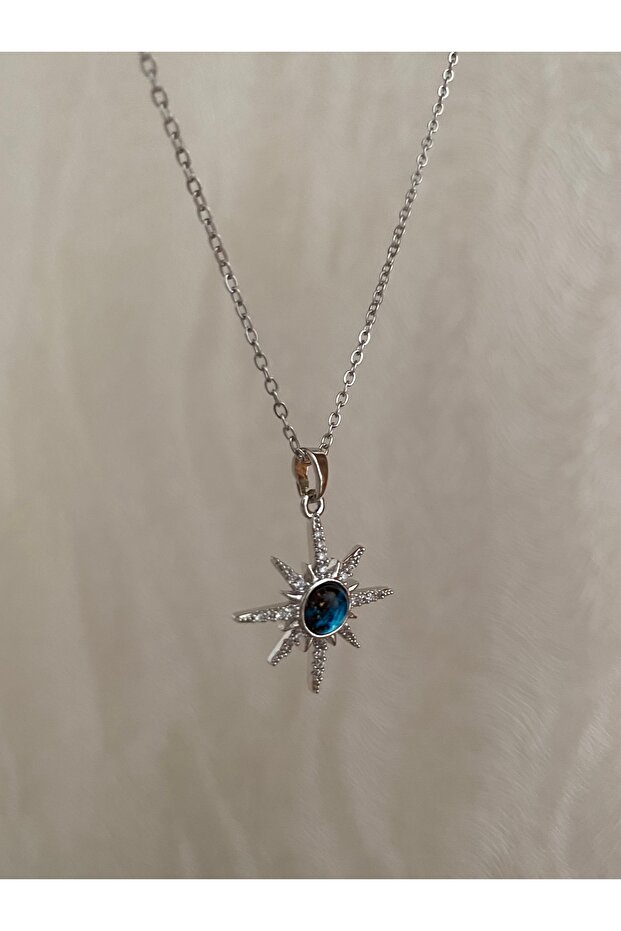 Opal Stone Steel Pole Star Necklace (Silver Color)