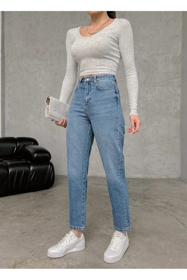 Women's Blue High Waist Jeans - Mom Fit Jean