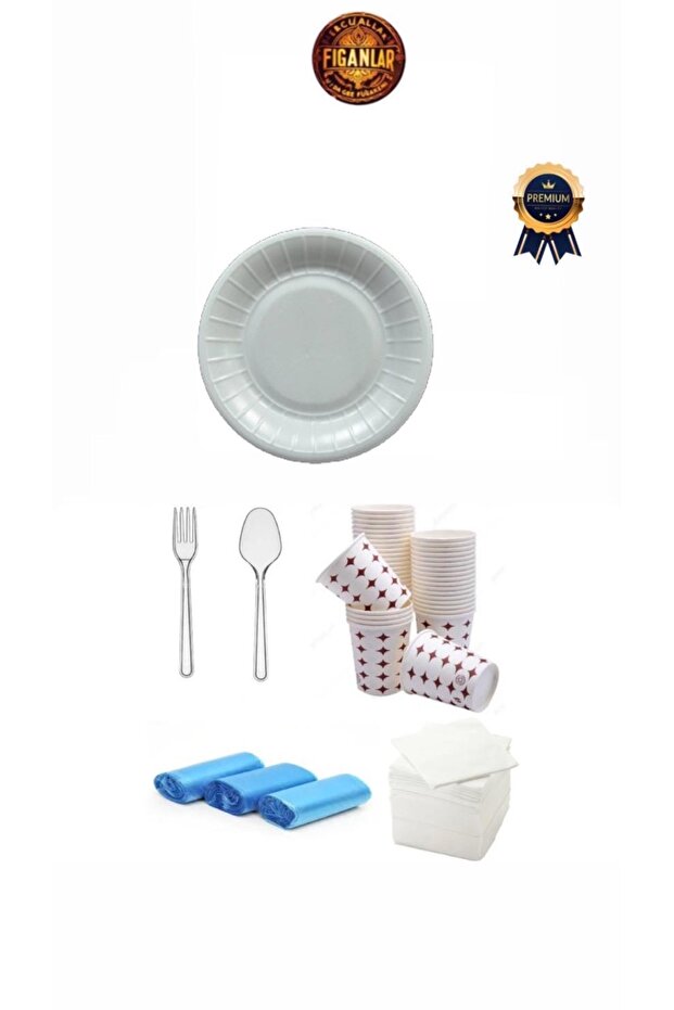 25 Kişilik 22cm Köpük Tabak Seti Kullan At Tabak Çatal Kaşık Bardak Peçete Çöp Poşeti - 7