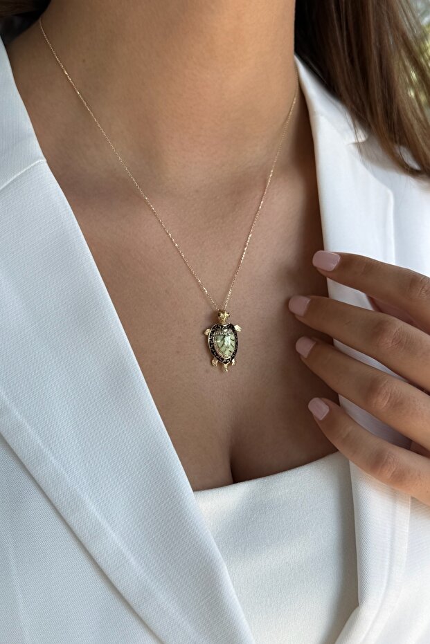 14 AYAR FOSFORLU MİNELİ KAPLUMBAĞA UÇLU ALTIN KOLYE - 1