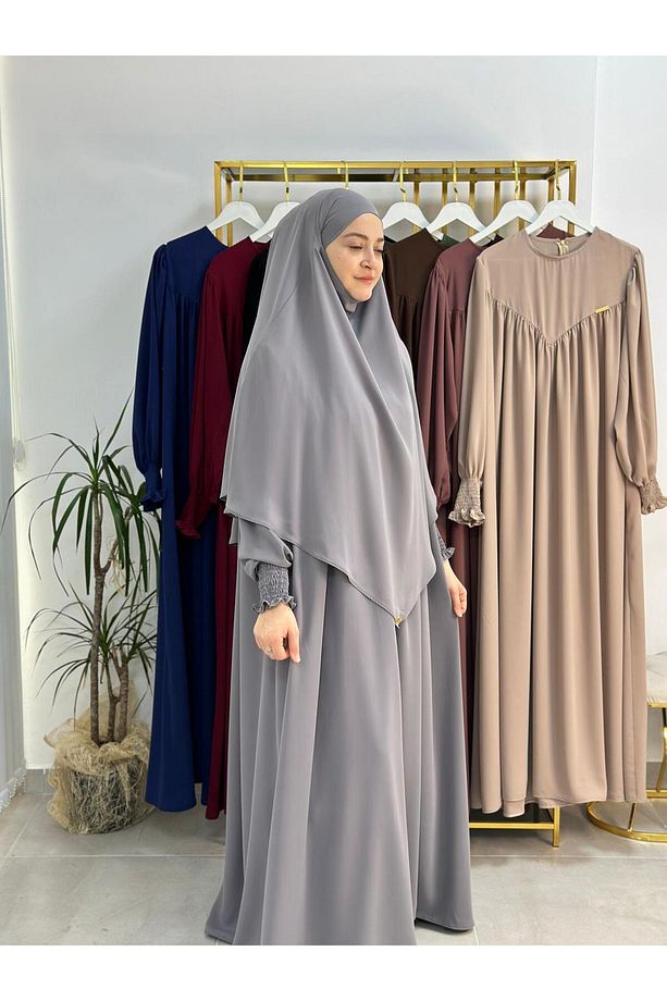 Tesettür Elbise,önü V Model Büzgülü,sufle Esarpla Takım.hijap ,khimar.hac Umre Için Uygundur Gri - 3