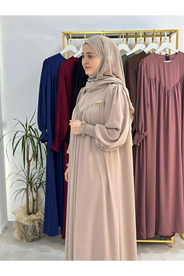 Tesettür Elbise,önü V Model Büzgülü,sufle Esarpla Takım.hijap ,khimar.hac Umre Için Uygundur Bej - 5