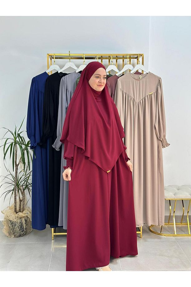 Tesettür Elbise,önü V Model Büzgülü,sufle Esarpla Takım.hijap ,khimar.hac Umre Için Uygundur Bordo - 8