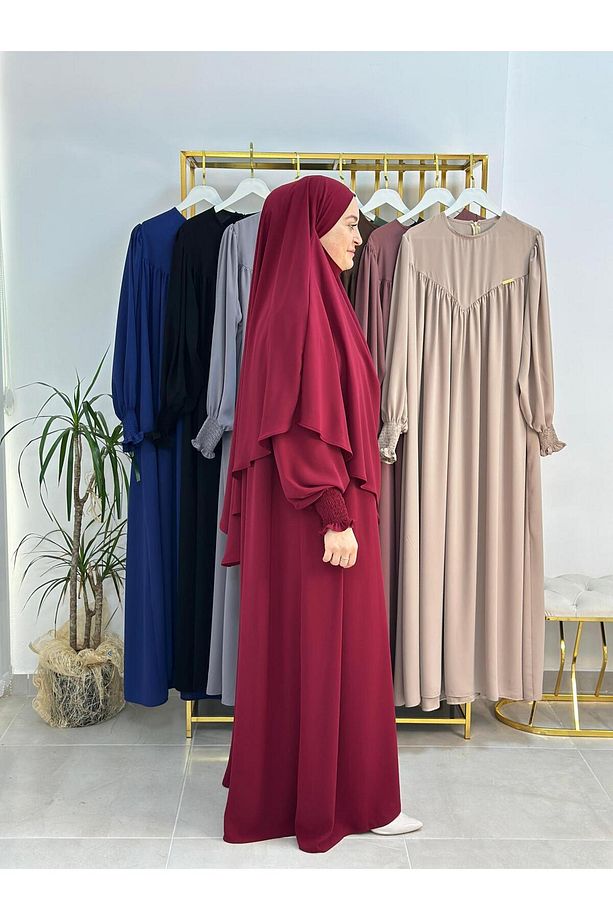Tesettür Elbise,önü V Model Büzgülü,sufle Esarpla Takım.hijap ,khimar.hac Umre Için Uygundur Bordo - 4