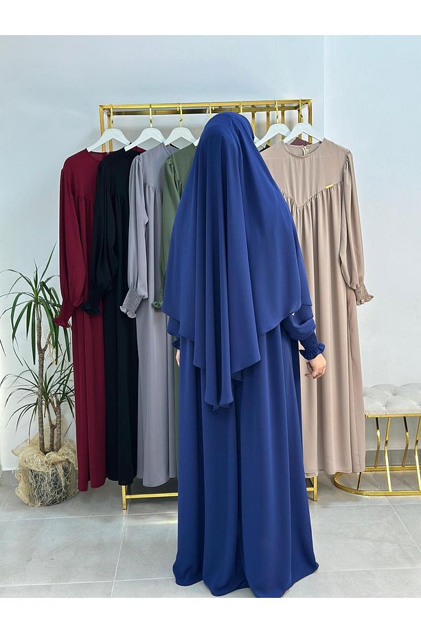 Tesettür Elbise,önü V Model Büzgülü,sufle Esarpla Takım.hijap ,khimar.hac Umre Için Uygundur Indigo - 7