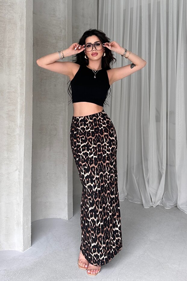 Crop Tank Top with Crew Neck, Leopard Print Wrap Around Pencil Skirt Set