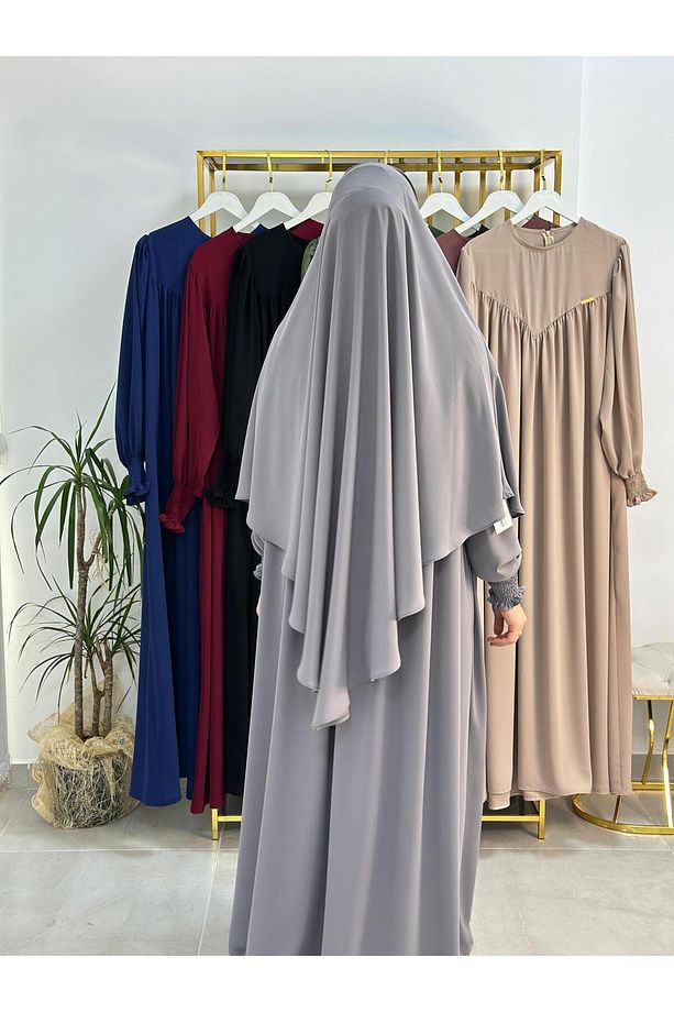 Tesettür Elbise,önü V Model Büzgülü,sufle Esarpla Takım.hijap ,khimar.hac Umre Için Uygundur Gri - 5