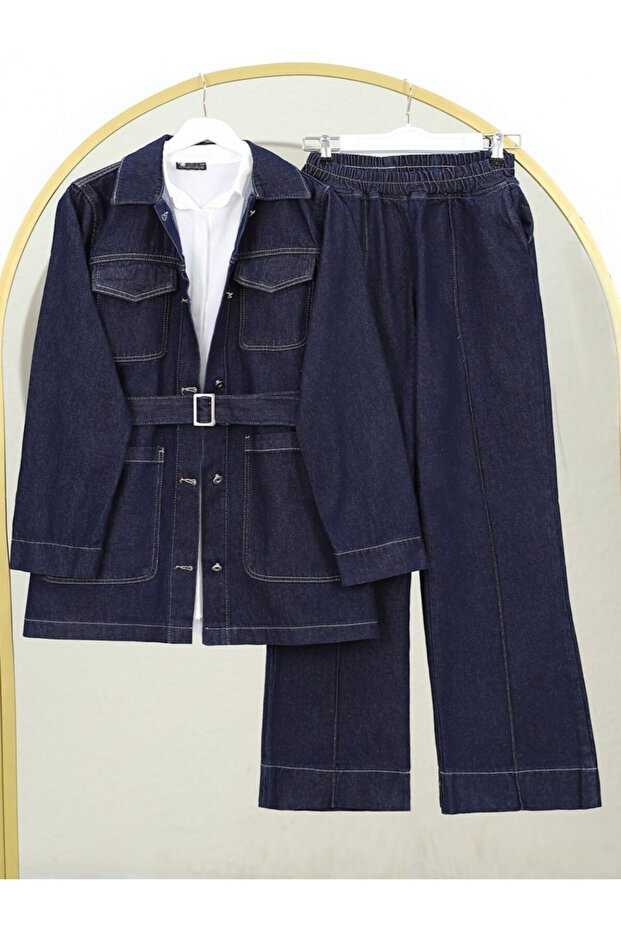 Belted Waist, Buttoned Front Pocket Denim Set
