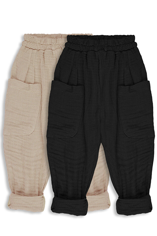 2 Pack Boyfriend Muslin Pants (Black and Mink)