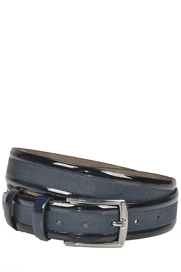 Men's Navy Blue 3.5 cm Laser Engraved Patent Leather Classic Faux Leather Belt 2402629