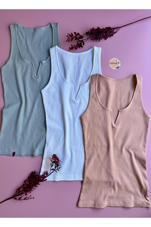 Luniva 3-Pack Rose K., White and Blue Women's Tank Top | V-Neck, Cotton, Summer Stylish Ribbed Blouse