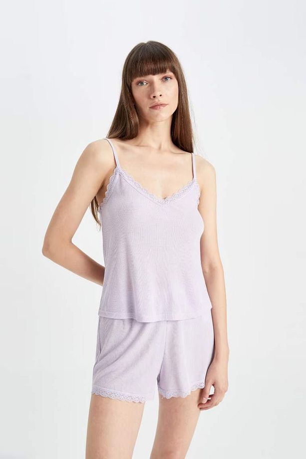 Pijama Takım Ribana Askılı Üst Şort-Fall in Love - 5