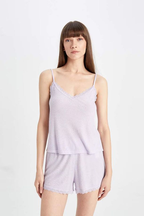 Pijama Takım Ribana Askılı Üst Şort-Fall in Love - 4