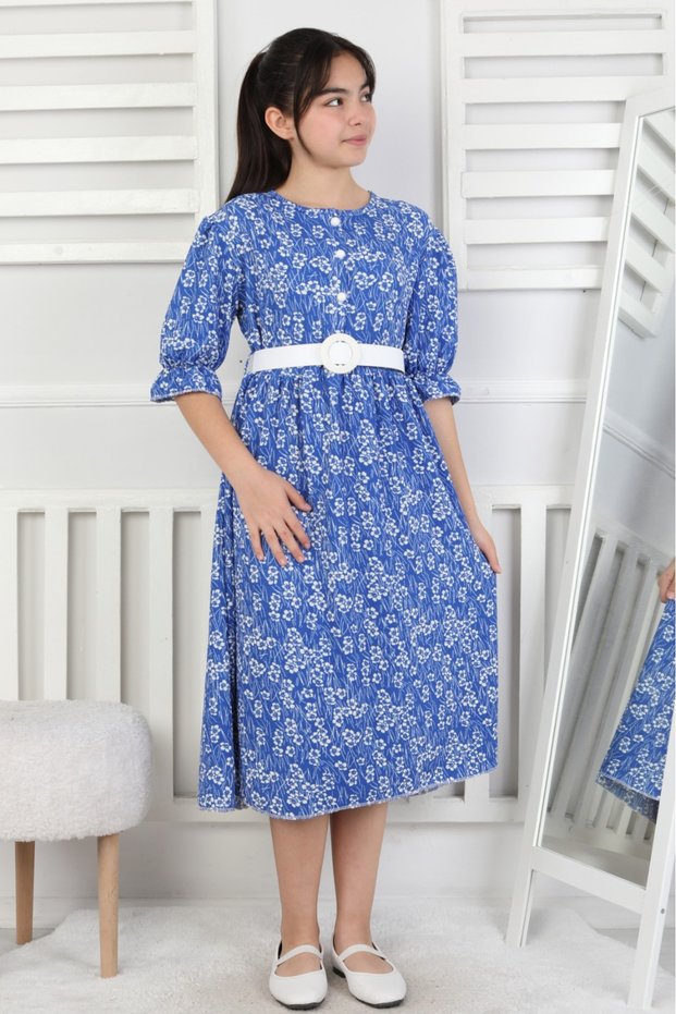 Female Child Blue Flower Detail Belt Wrapped Fabric Summer Long Dress