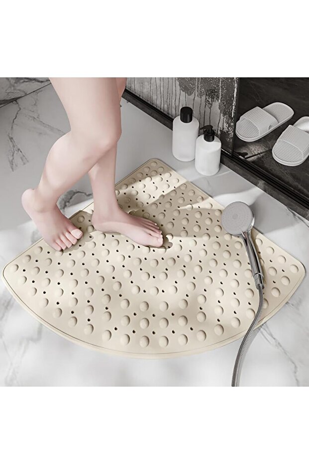Shower Mat Non-Slip Bath Mat Corner Shower with Suction Cups Drain Hole Latte 54X54 cm M-162