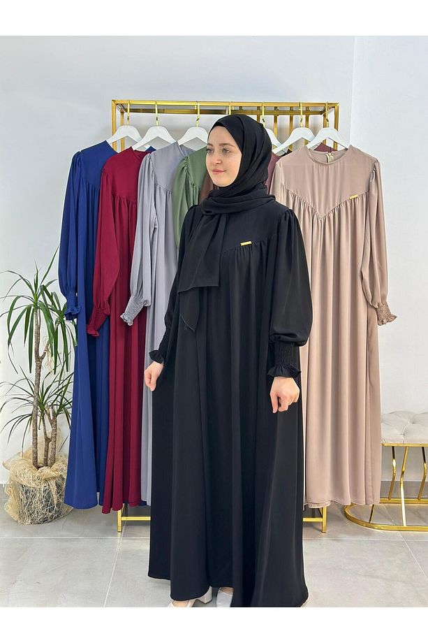 sallı ,önü V model büzgülü tesettür elbise takım ,ferrace,abaya, hicab,hac ve umre için uygun siyah - 5