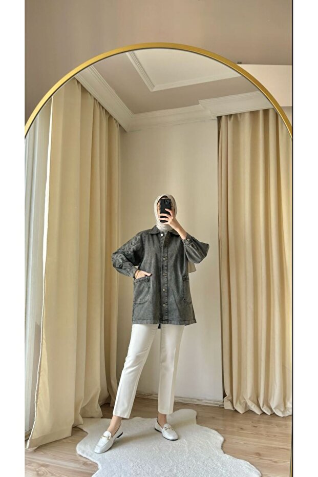 Suede Style 8982 - Kolları ve Arkası Nakış Detaylı Rahat Şık Kadın Kot Ceket
