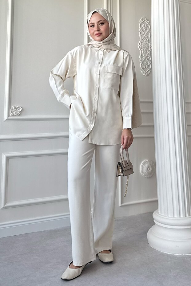 Ecru Double Suit with Single Pocket and Hidden Placket