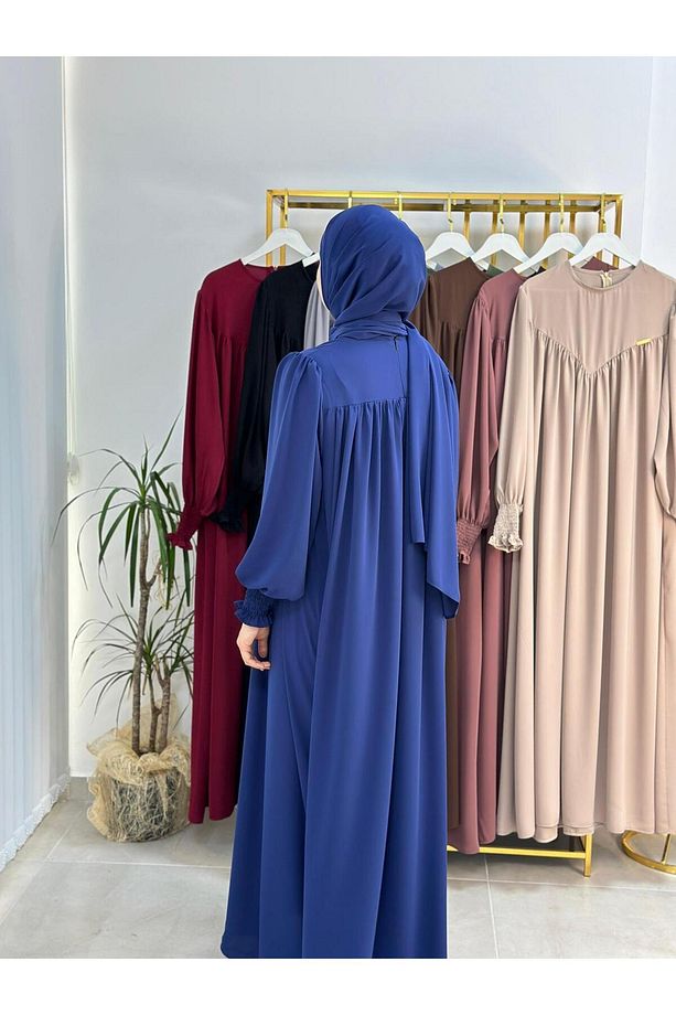 sallı ,önü V model büzgülü tesettür elbise takım ,ferrace,abaya, hicab,hac ve umre için uygun indigo - 5