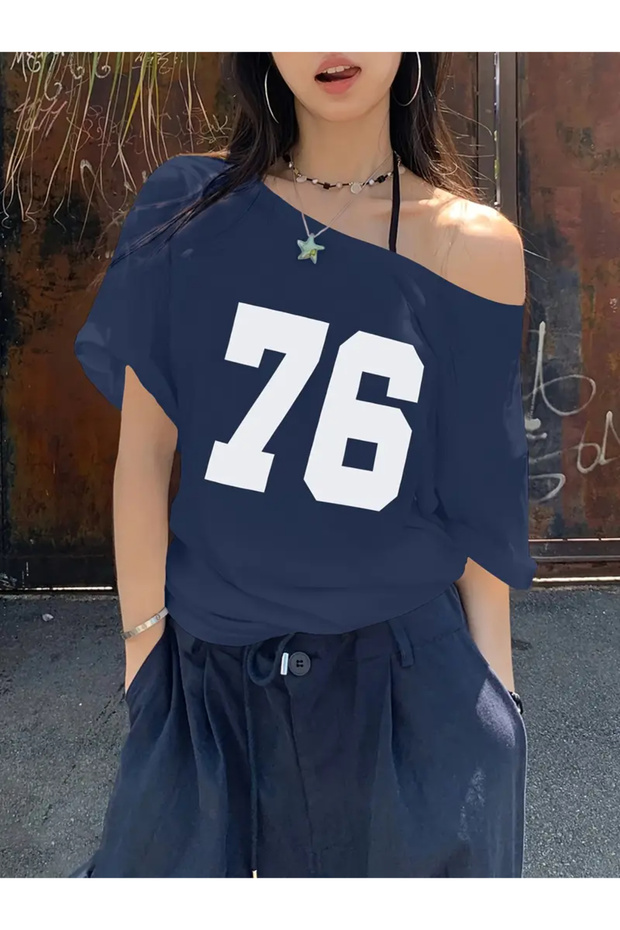 Women's Off Shoulder Boat Neck 76 Printed T-Shirt