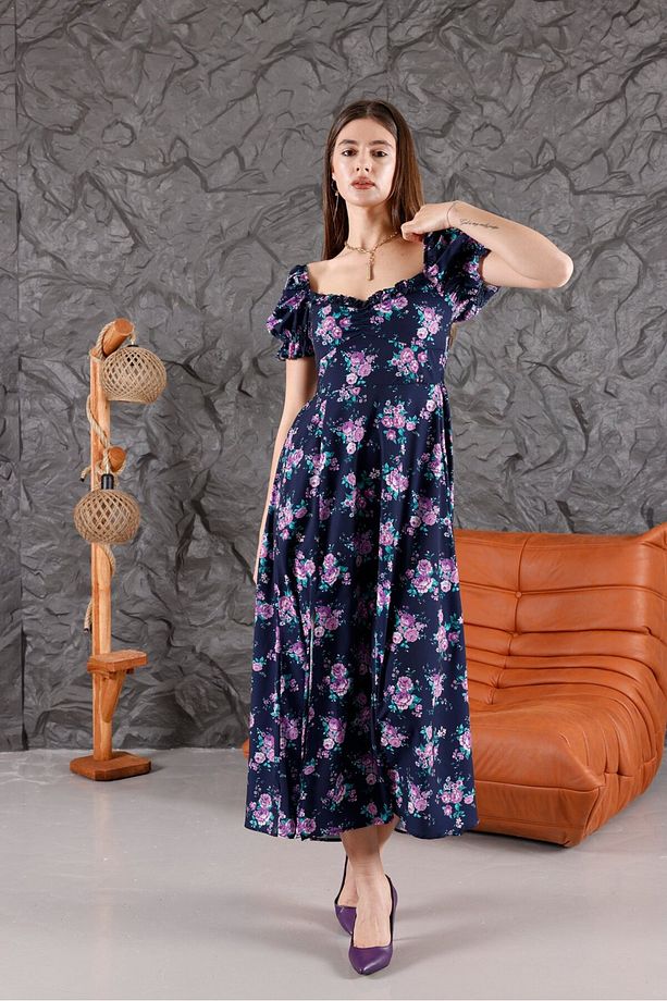 Midi Çiçek Desenli Elbise - 3