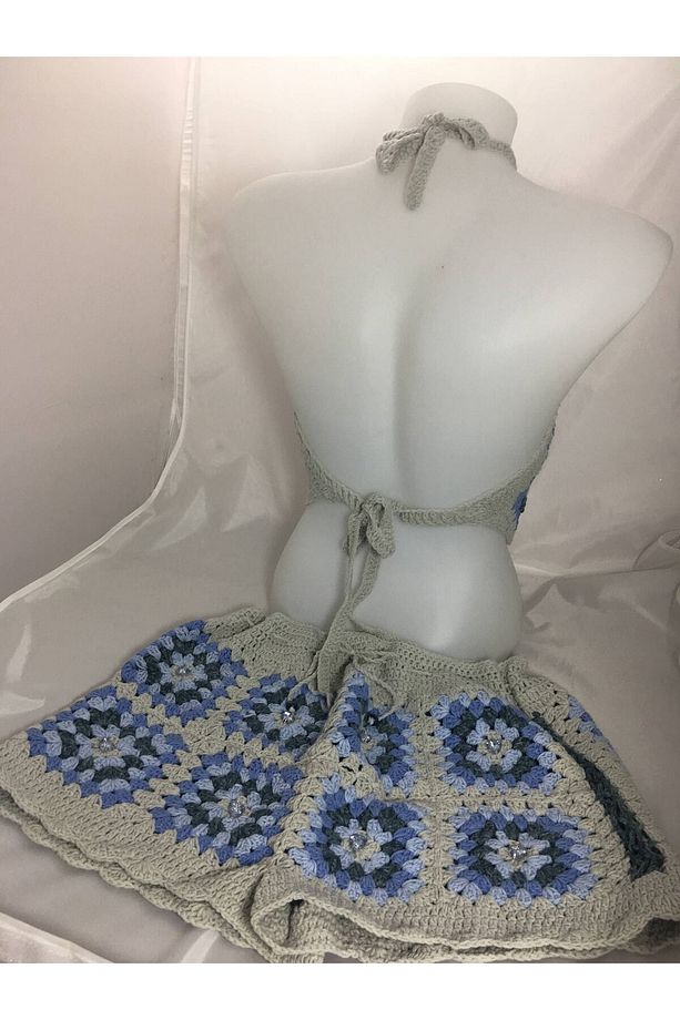 Yazlık El Örgüsü Top Tank Bluz Şort Takım Mavi Kırık Beyaz - 6