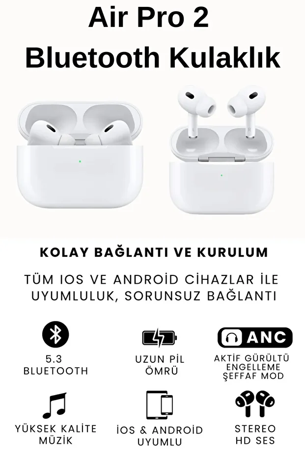 Air Pro2 ANC Bluetooth Kulaklık iOS Android Uyumlu Şeffaf Mod ve Gürültü Engelleme - 4